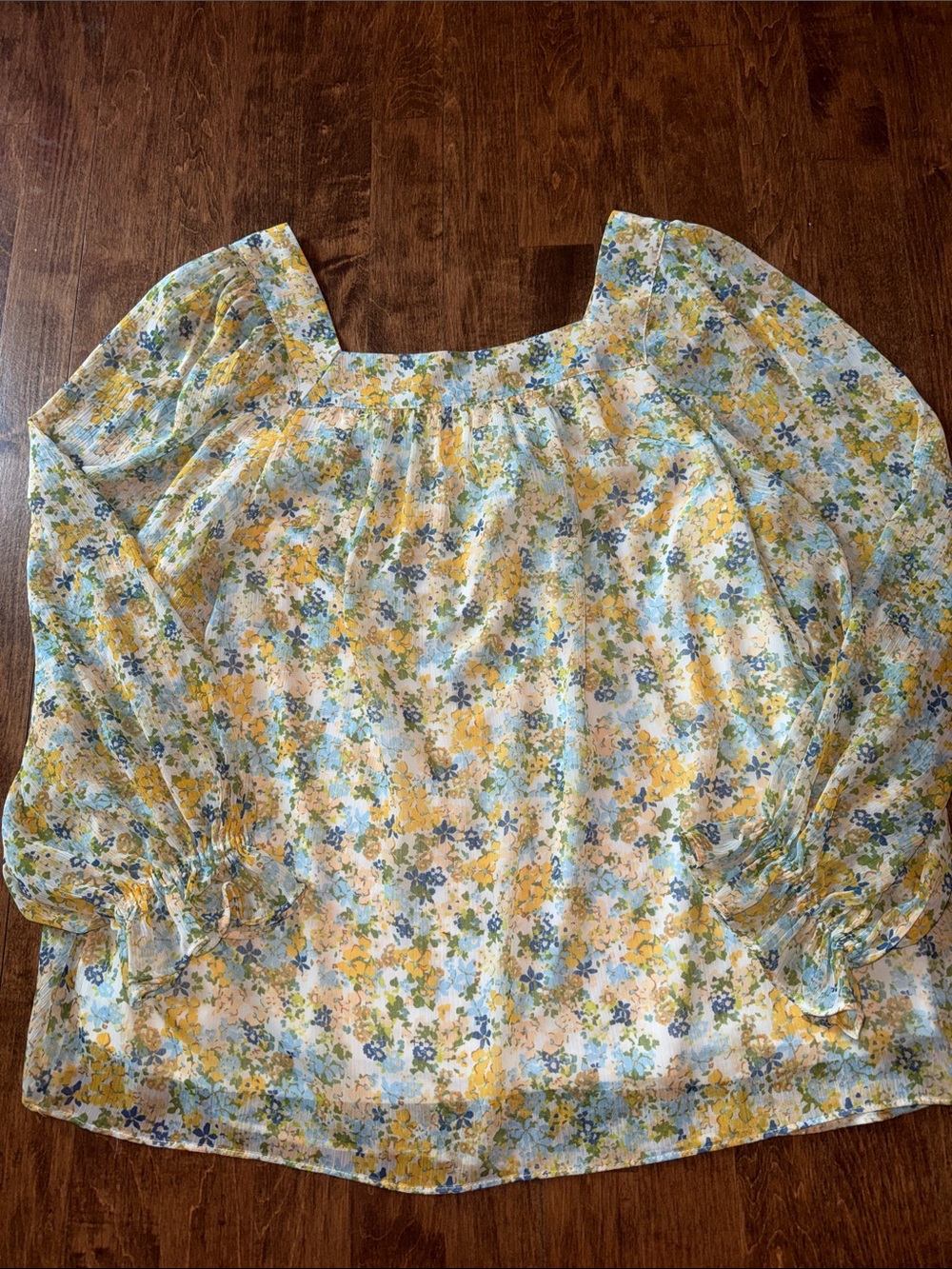 LC Lauren Conrad Yellow & Blue Floral Square-Neck Blouse - Picture 4 of 4